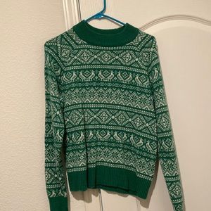 J.Crew Cheerful Fair Isle Sweater SMALL Green Mock Neck Birds Snowflakes NWOT